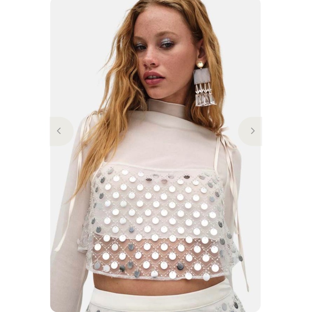For Love & Lemons Cream Sheer Sequin 2-Piece Crop Top Set Bell Sleeve Medium NWT
